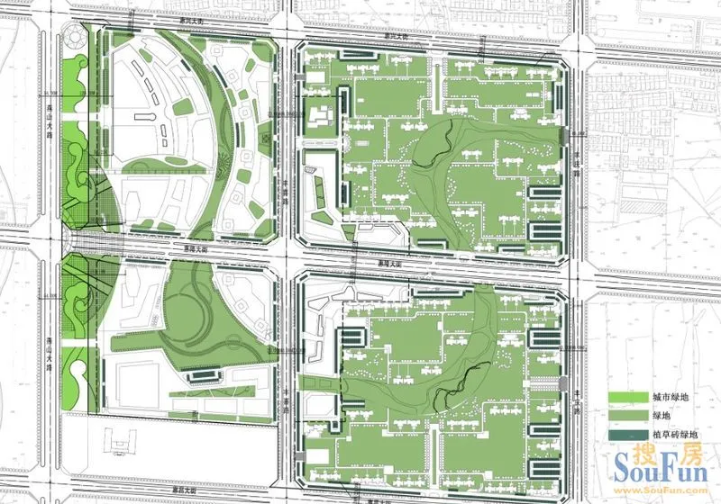 迁安天洋城4代城市综合体的绿化范围分布图