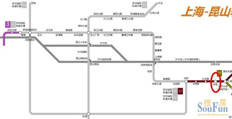 昆山市域轨道交通网络初步方案由4条线路组成,分别为s1线,s3,s2b线和