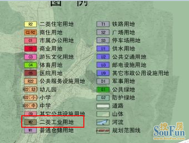 可以再看一下各种颜色代表的规划用途,确实只有褐色说是二类工业用地