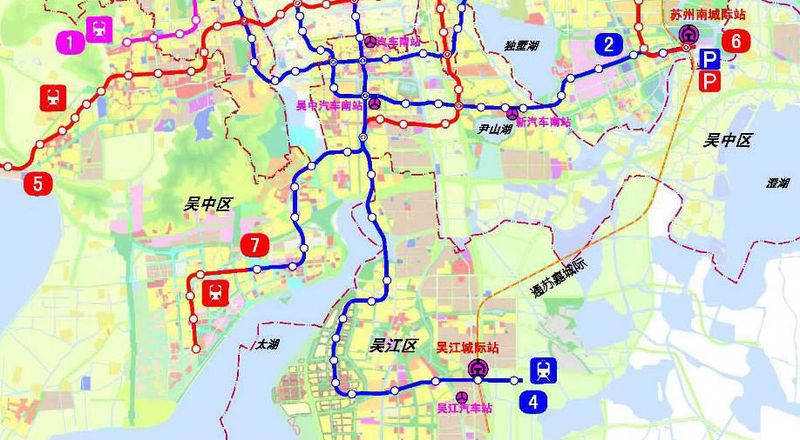 苏州市轨道交通近期建设规划图(2015-2020),7条轨道线,新汽车站