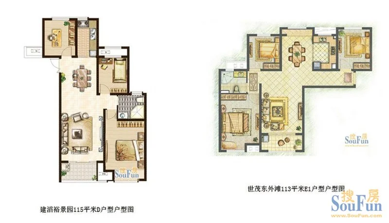 拿世茂东外滩113平米e1户型和建滔裕景园115平米d户型进行比较 大家