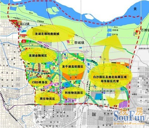 北至连霍高速 公路,远期规划总面积约150平方公里, 规模相当于郑州市
