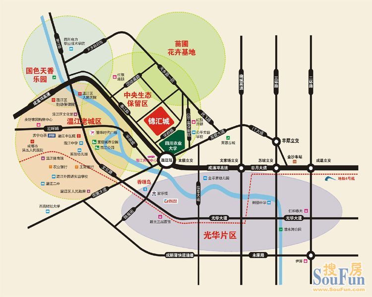 天香主题公园,往西穿过成温邛高速是温江老城区,往东是温江光华新城