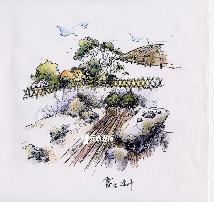 露台采用日式枯山水手法,与室外真实绿植相呼应