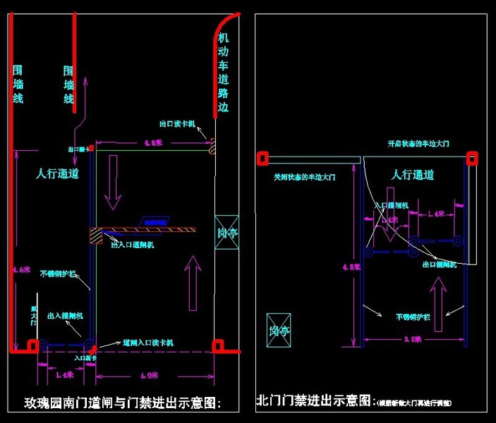 左边是南门道闸与门禁进出示意图,右边是北门门禁进出