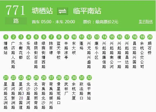 05:00-20:00 票价信息 汽车公司 公交余杭公司 杭州771路下行是从